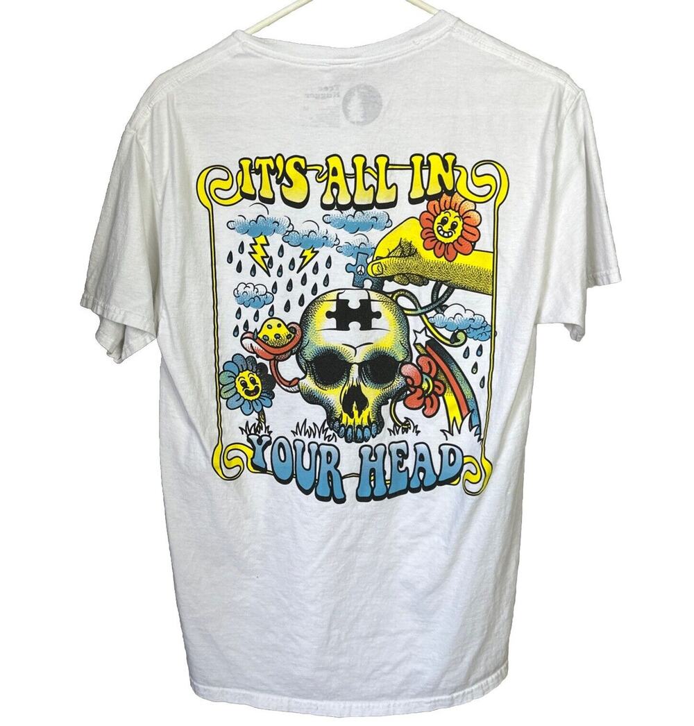 Tree Hugger Its All In Your Head Psychedelic Trippy Skull Graphic Tee M White